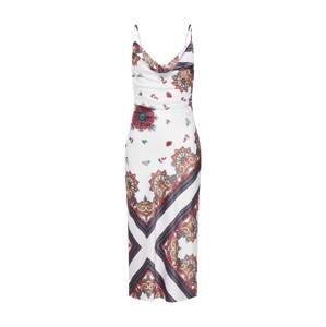Missguided Letní šaty 'Satin Scarf Print Cowl Neck Dress White'  hnědá / bílá